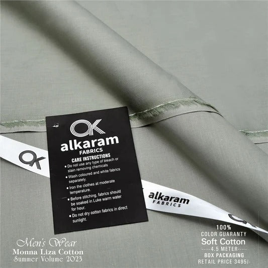 Al-karam 100% Pure Cotton-Pistachio -Unstitched Men's Wear-Best For Summer