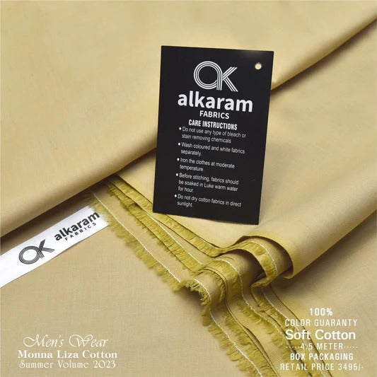 Al-karam 100% Pure Cotton-Khaki Beige-Unstitched Men's Wear-Best For Summer